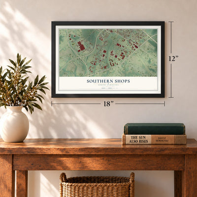 Southern Shops, South Carolina map, 12 x 18 inch print in a black frame in an entryway