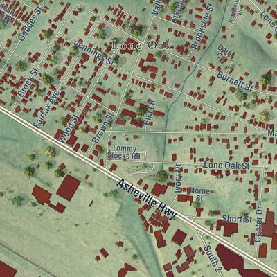 Close-up of the map of Southern Shops, South Carolina print showing street and building detail