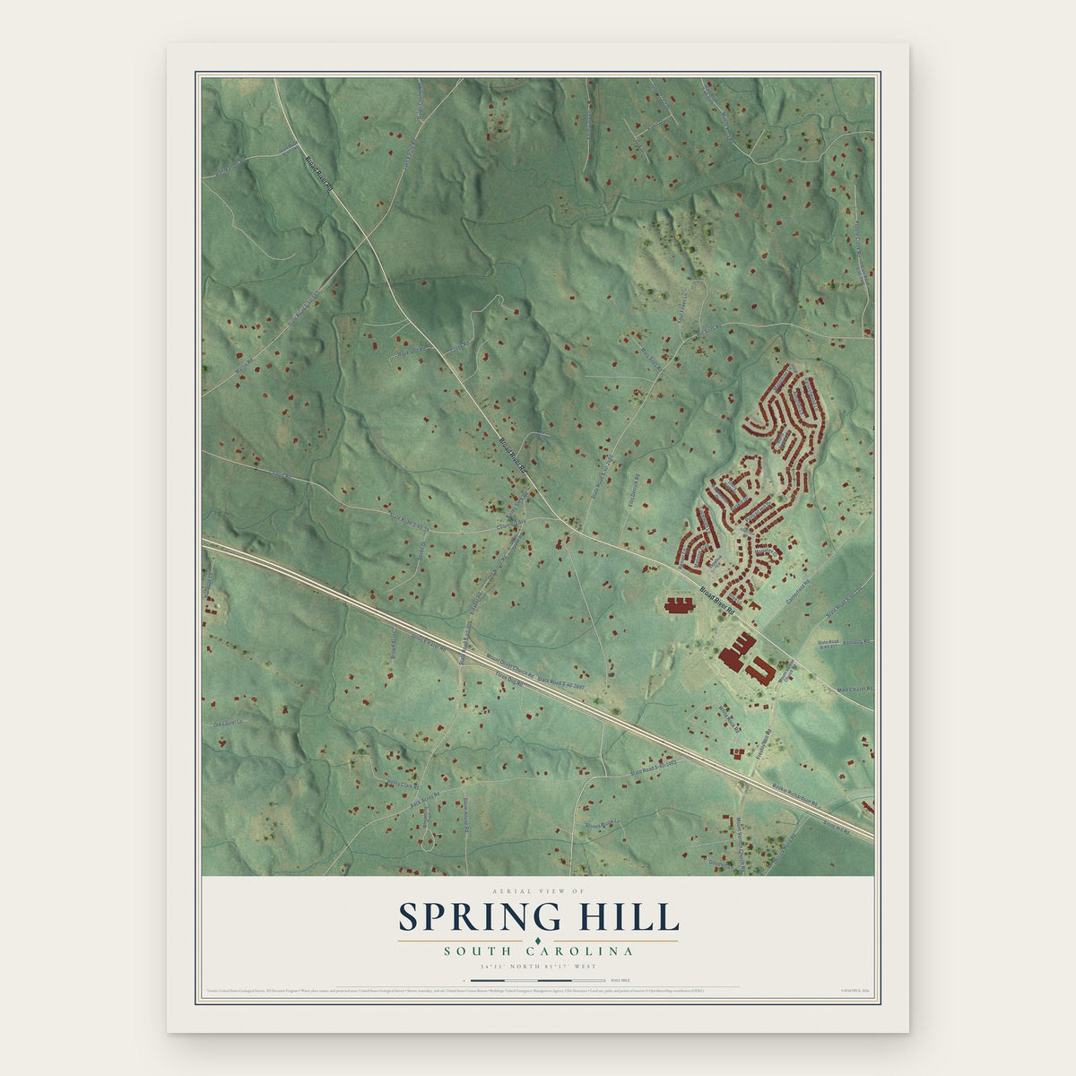 Spring Hill, South Carolina map print, the full design