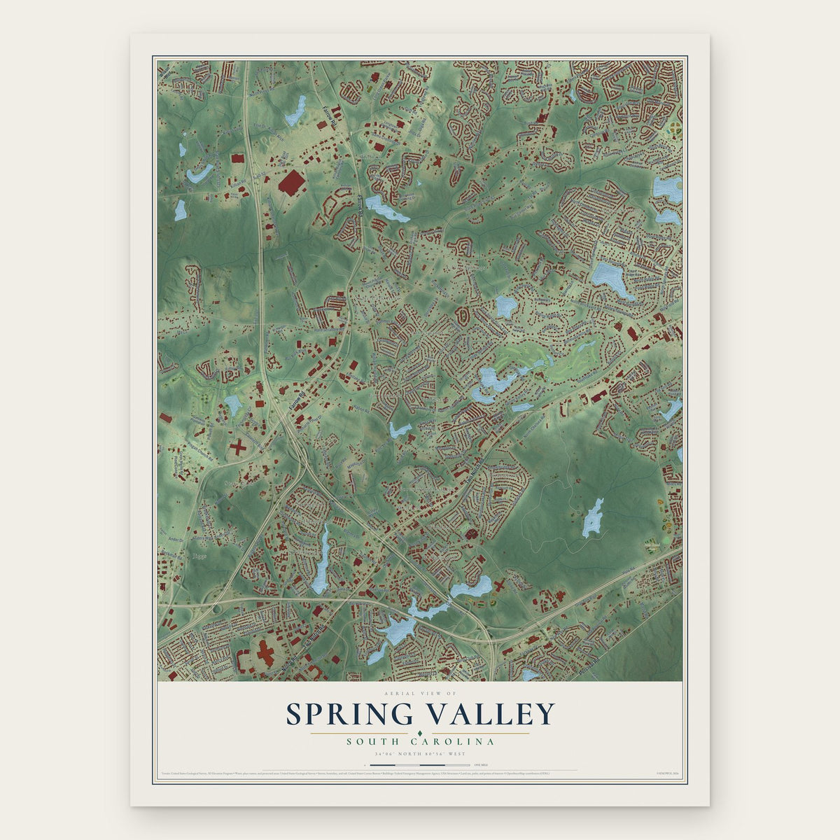 Spring Valley, South Carolina map print, the full design