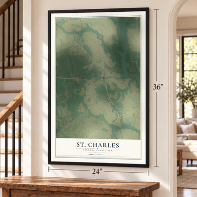 St. Charles, South Carolina map, 24 x 36 inch print in a black frame by a staircase