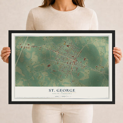 Map of St. George, South Carolina, 12 x 18 inch print in a black wood frame