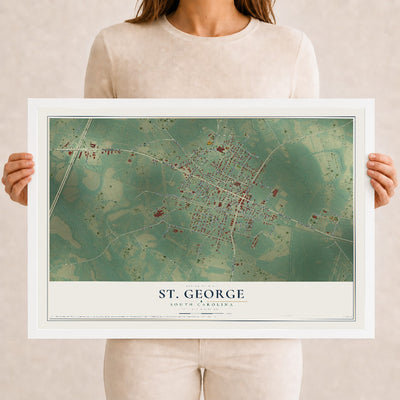 Map of St. George, South Carolina, 12 x 18 inch print in a white wood frame