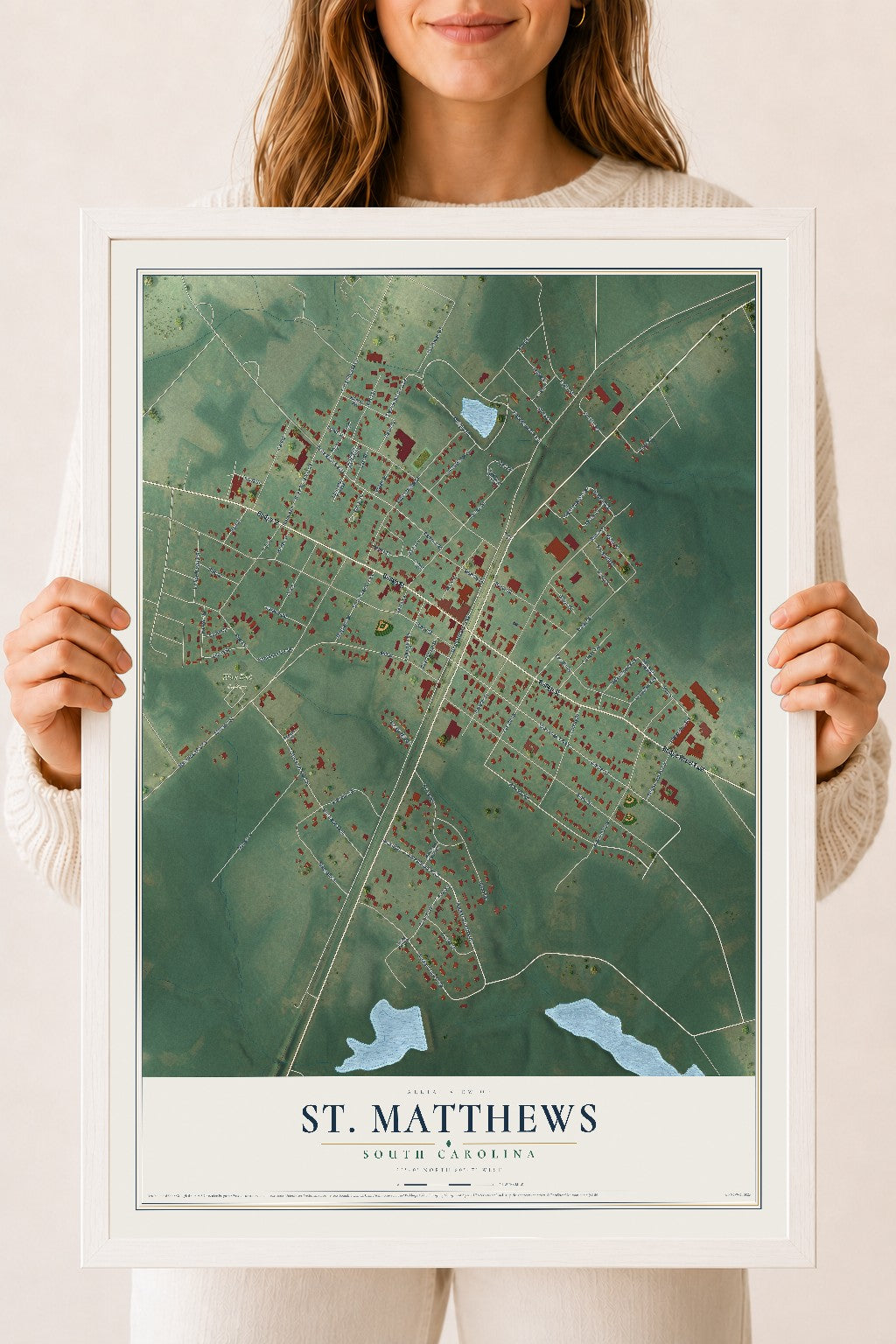 Map of St. Matthews, South Carolina, 18 x 24 inch print in a white wood frame