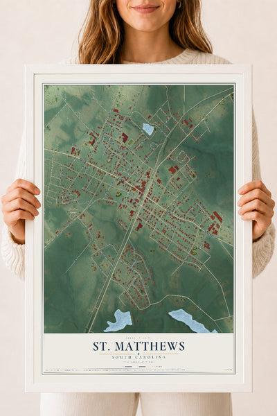 Map of St. Matthews, South Carolina, 18 x 24 inch print in a white wood frame
