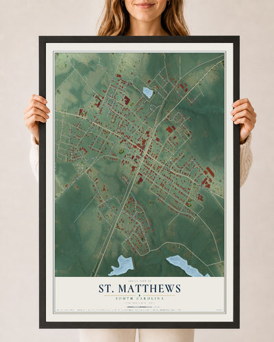 Map of St. Matthews, South Carolina, 24 x 36 inch print in a black wood frame
