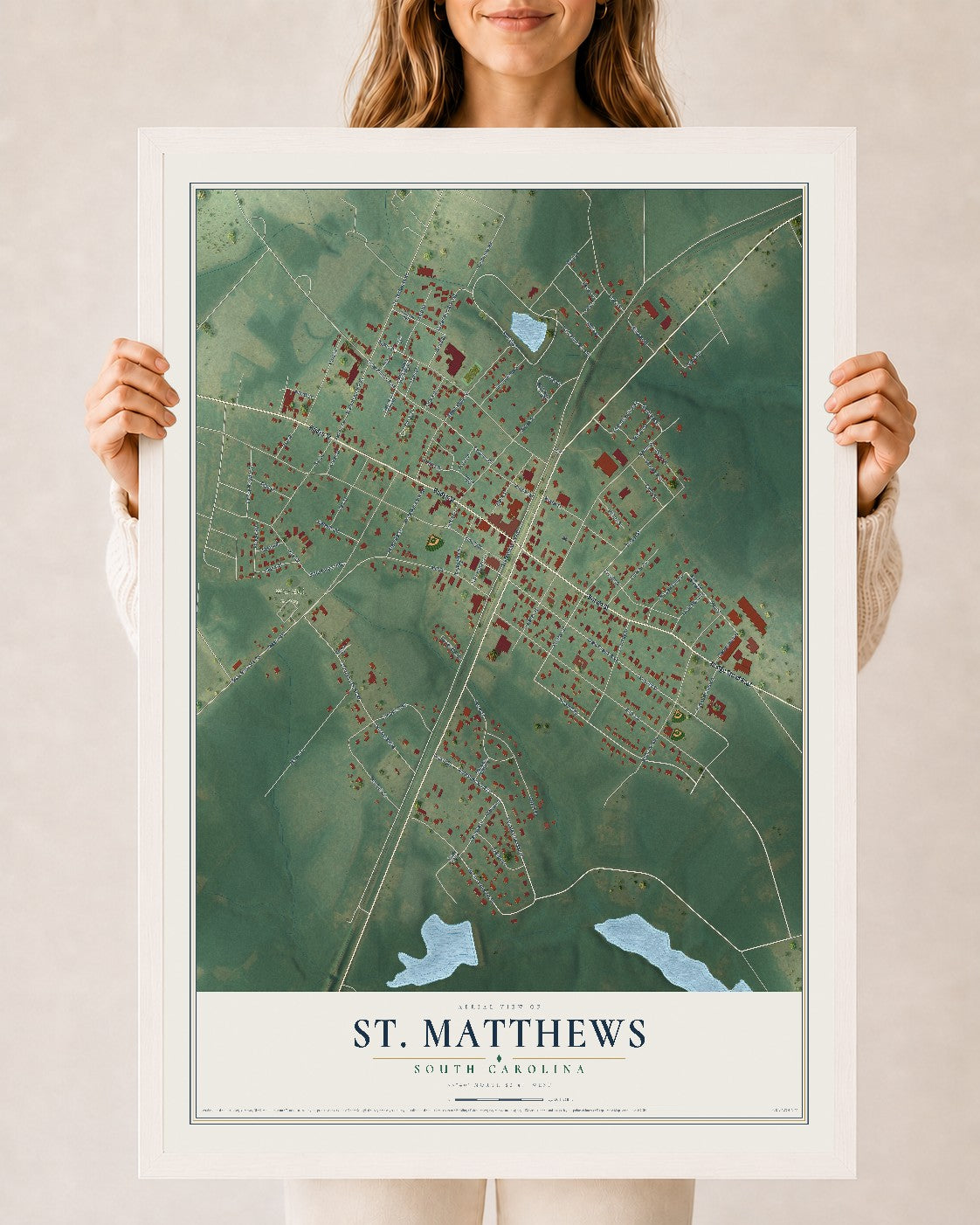 Map of St. Matthews, South Carolina, 24 x 36 inch print in a white wood frame
