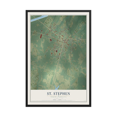 Map of St. Stephen, South Carolina, 12 x 18 inch print in a black wood frame