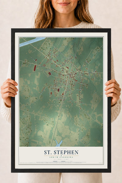 Map of St. Stephen, South Carolina, 18 x 24 inch print in a black wood frame