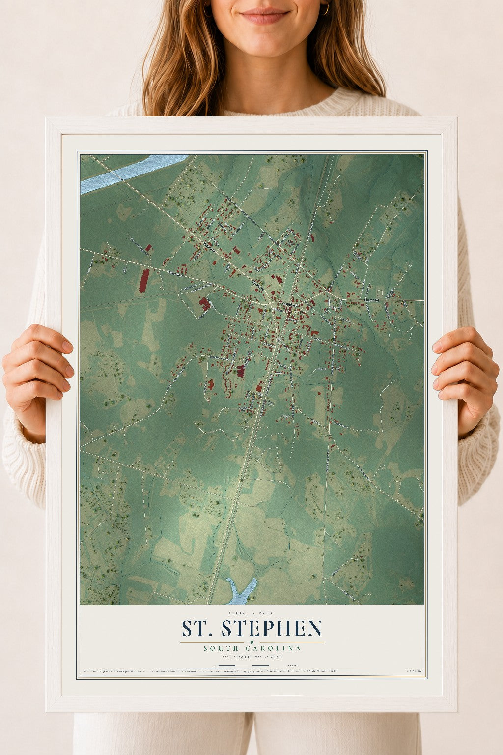 Map of St. Stephen, South Carolina, 18 x 24 inch print in a white wood frame
