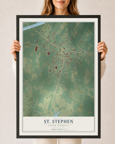 Map of St. Stephen, South Carolina, 24 x 36 inch print in a black wood frame