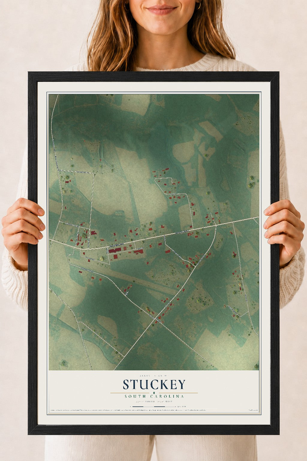 Map of Stuckey, South Carolina, 18 x 24 inch print in a black wood frame
