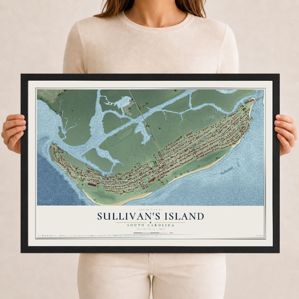 Map of Sullivan's Island, South Carolina, 12 x 18 inch print in a black wood frame