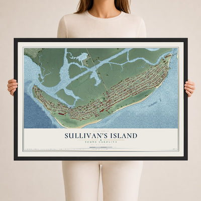 Map of Sullivan's Island, South Carolina, 24 x 36 inch print in a black wood frame