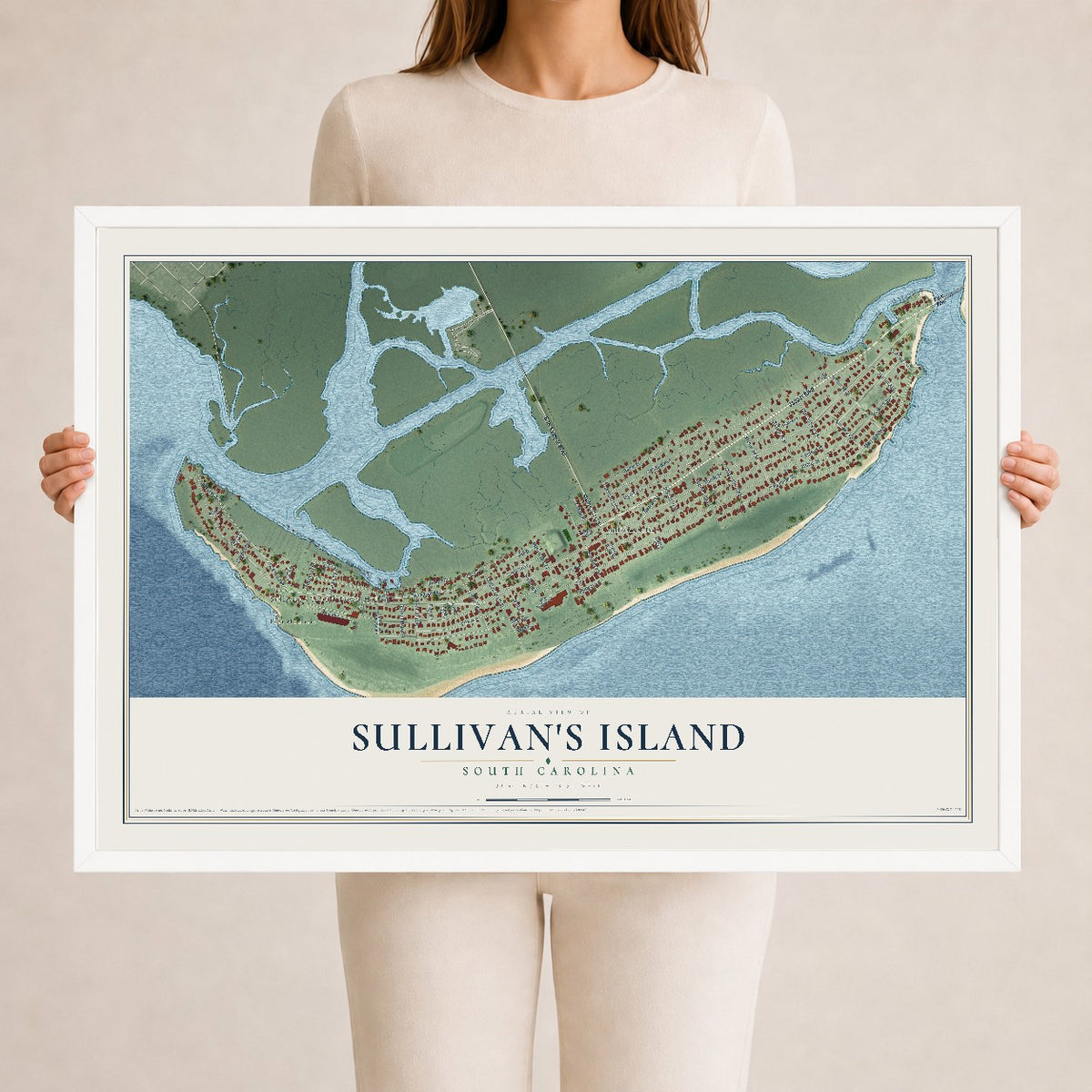 Map of Sullivan's Island, South Carolina, 24 x 36 inch print in a white wood frame