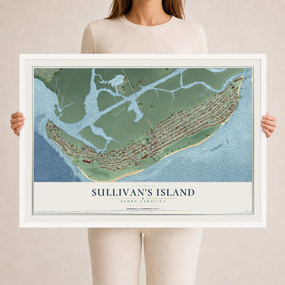 Map of Sullivan's Island, South Carolina, 24 x 36 inch print in a white wood frame