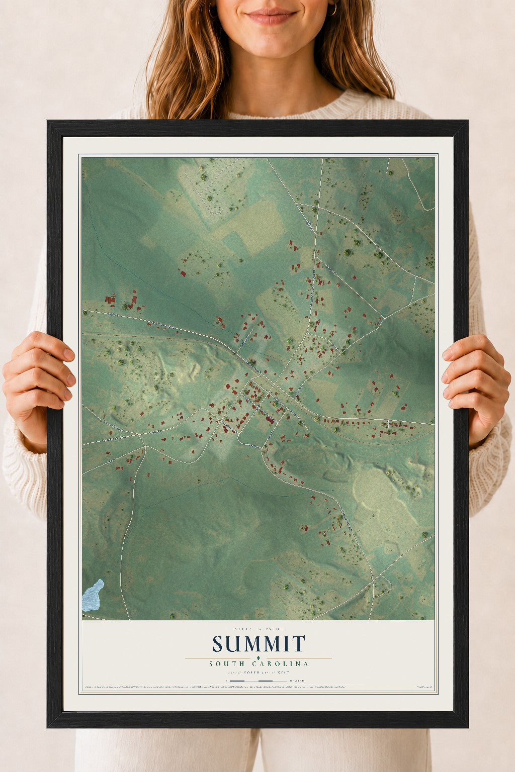 Map of Summit, South Carolina, 18 x 24 inch print in a black wood frame