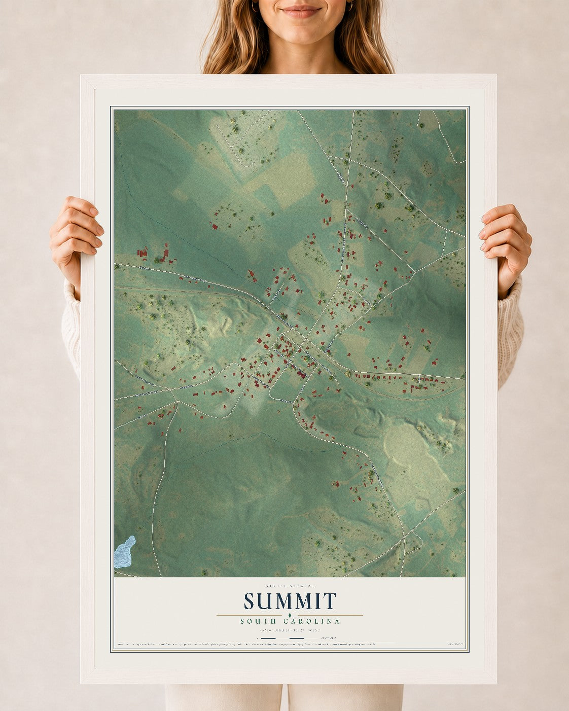 Map of Summit, South Carolina, 24 x 36 inch print in a white wood frame