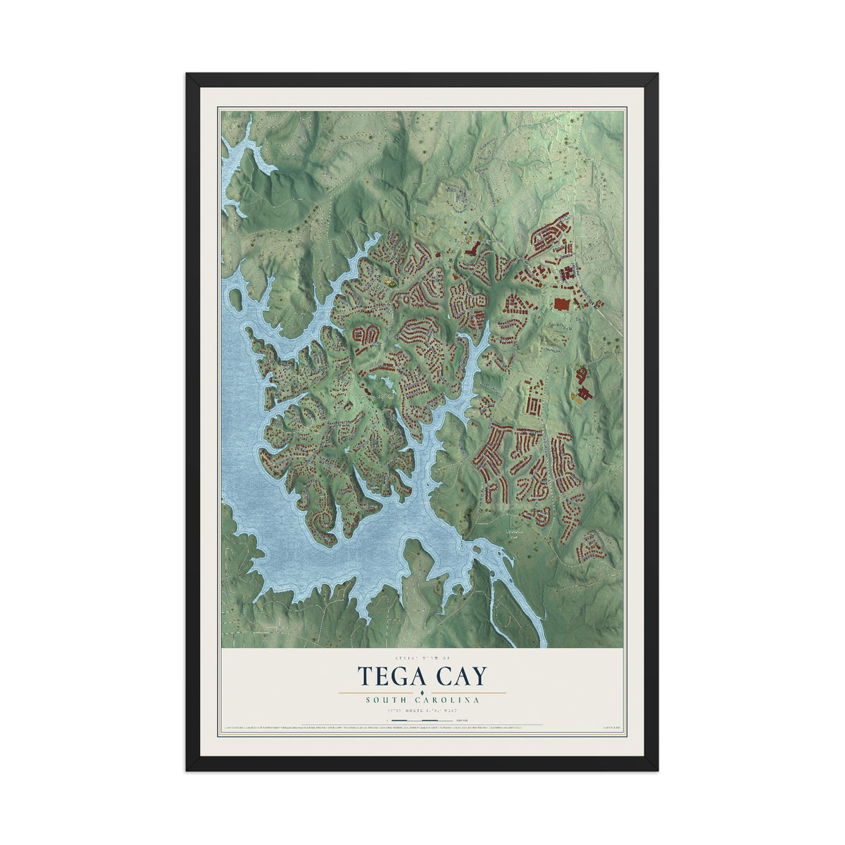 Map of Tega Cay, South Carolina, 12 x 18 inch print in a black wood frame