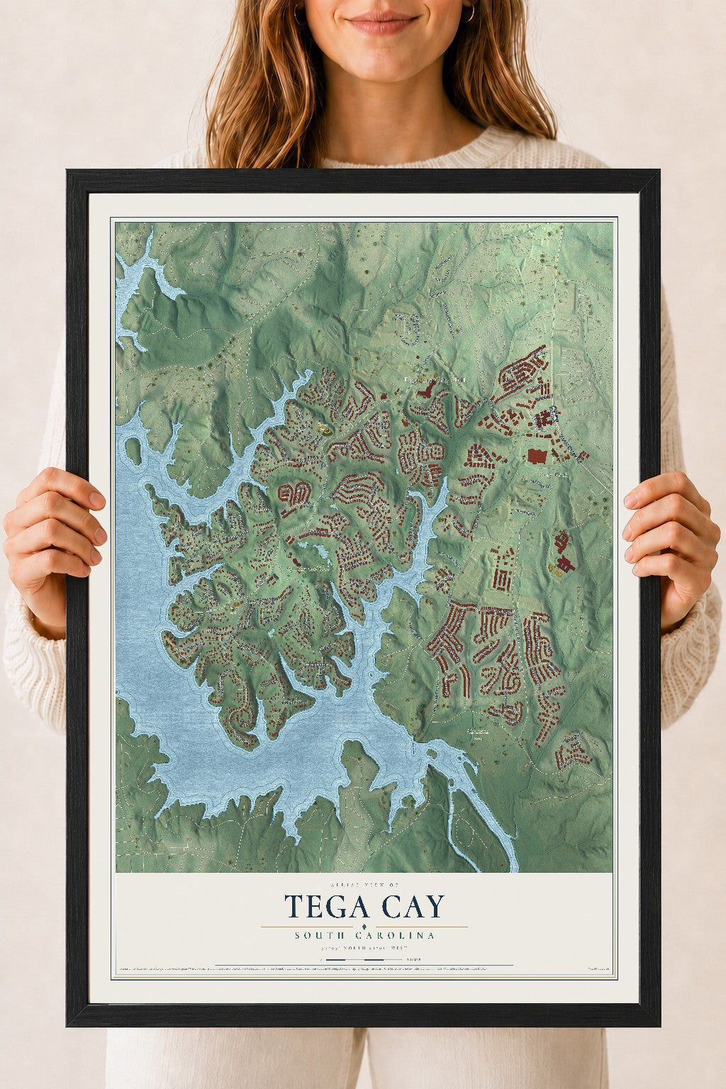 Map of Tega Cay, South Carolina, 18 x 24 inch print in a black wood frame
