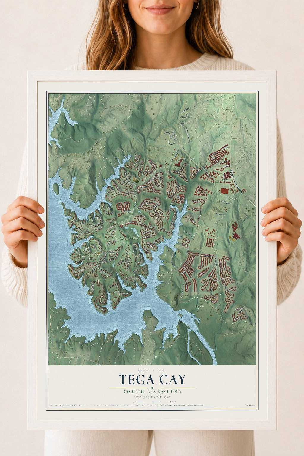 Map of Tega Cay, South Carolina, 18 x 24 inch print in a white wood frame