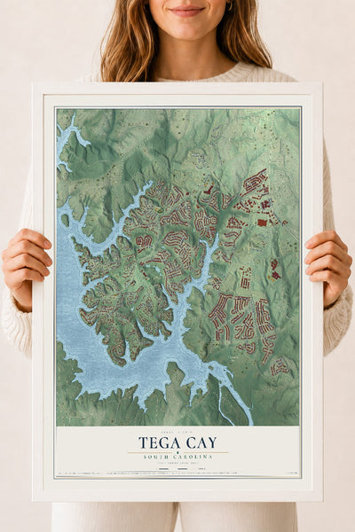 Map of Tega Cay, South Carolina, 18 x 24 inch print in a white wood frame