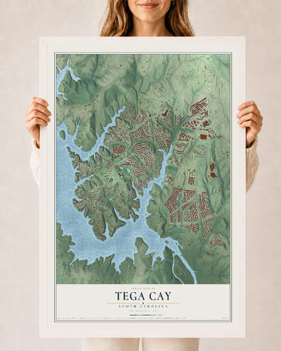Map of Tega Cay, South Carolina, 24 x 36 inch print in a white wood frame