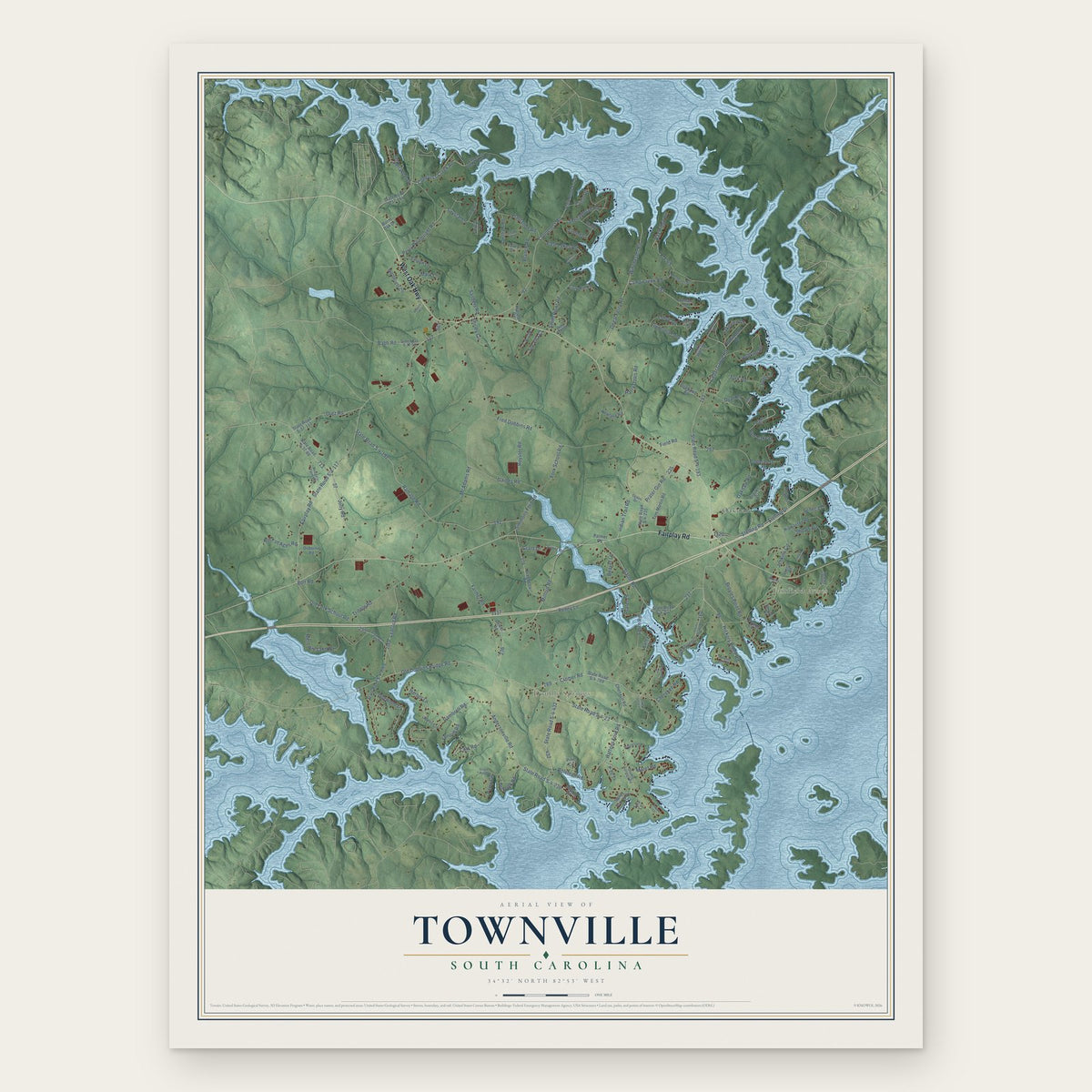 Townville, South Carolina map print, the full design