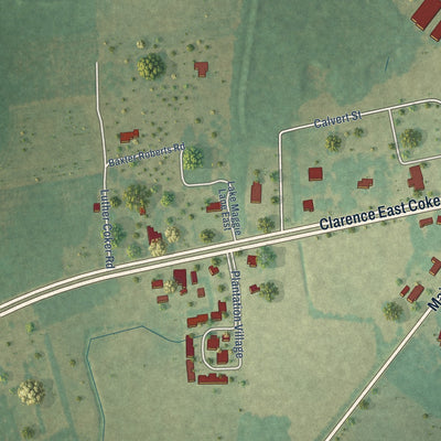 Second close-up of the map of Turbeville, South Carolina print showing more streets and buildings
