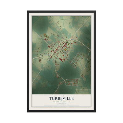 Map of Turbeville, South Carolina, 12 x 18 inch print in a black wood frame