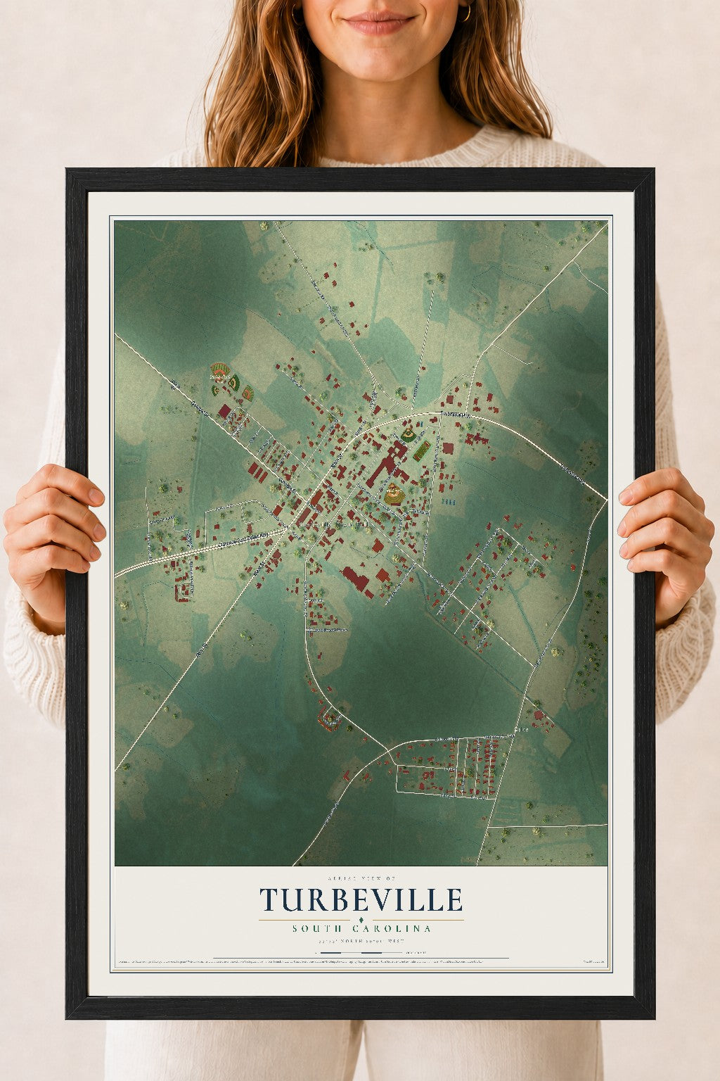 Map of Turbeville, South Carolina, 18 x 24 inch print in a black wood frame
