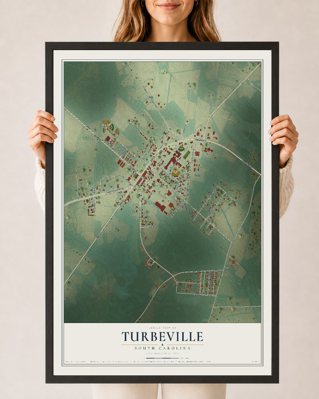 Map of Turbeville, South Carolina, 24 x 36 inch print in a black wood frame