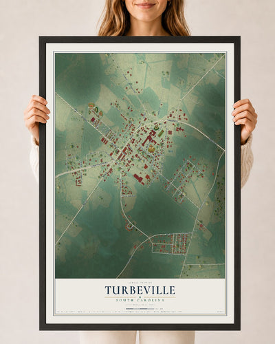 Map of Turbeville, South Carolina, 24 x 36 inch print in a black wood frame