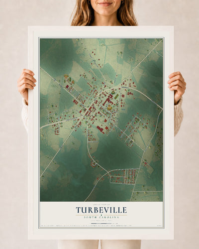 Map of Turbeville, South Carolina, 24 x 36 inch print in a white wood frame