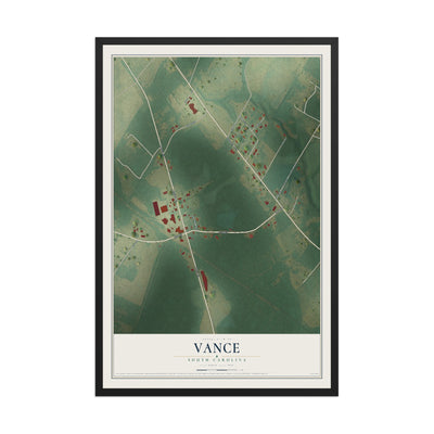 Map of Vance, South Carolina, 12 x 18 inch print in a black wood frame