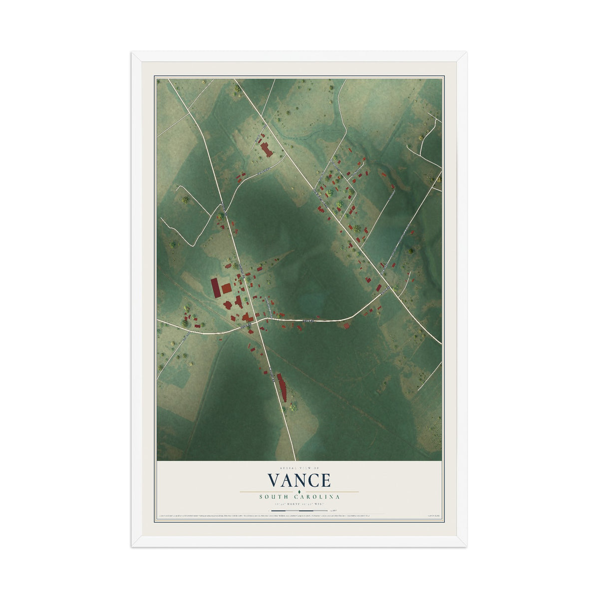 Map of Vance, South Carolina, 12 x 18 inch print in a white wood frame