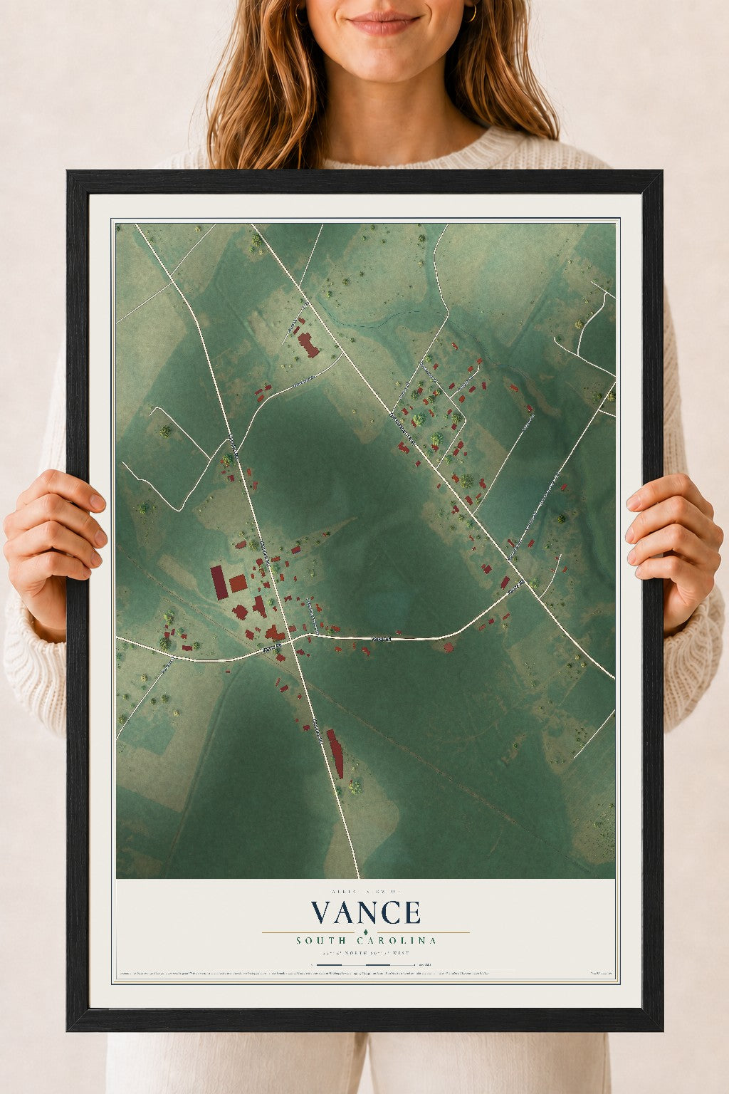 Map of Vance, South Carolina, 18 x 24 inch print in a black wood frame