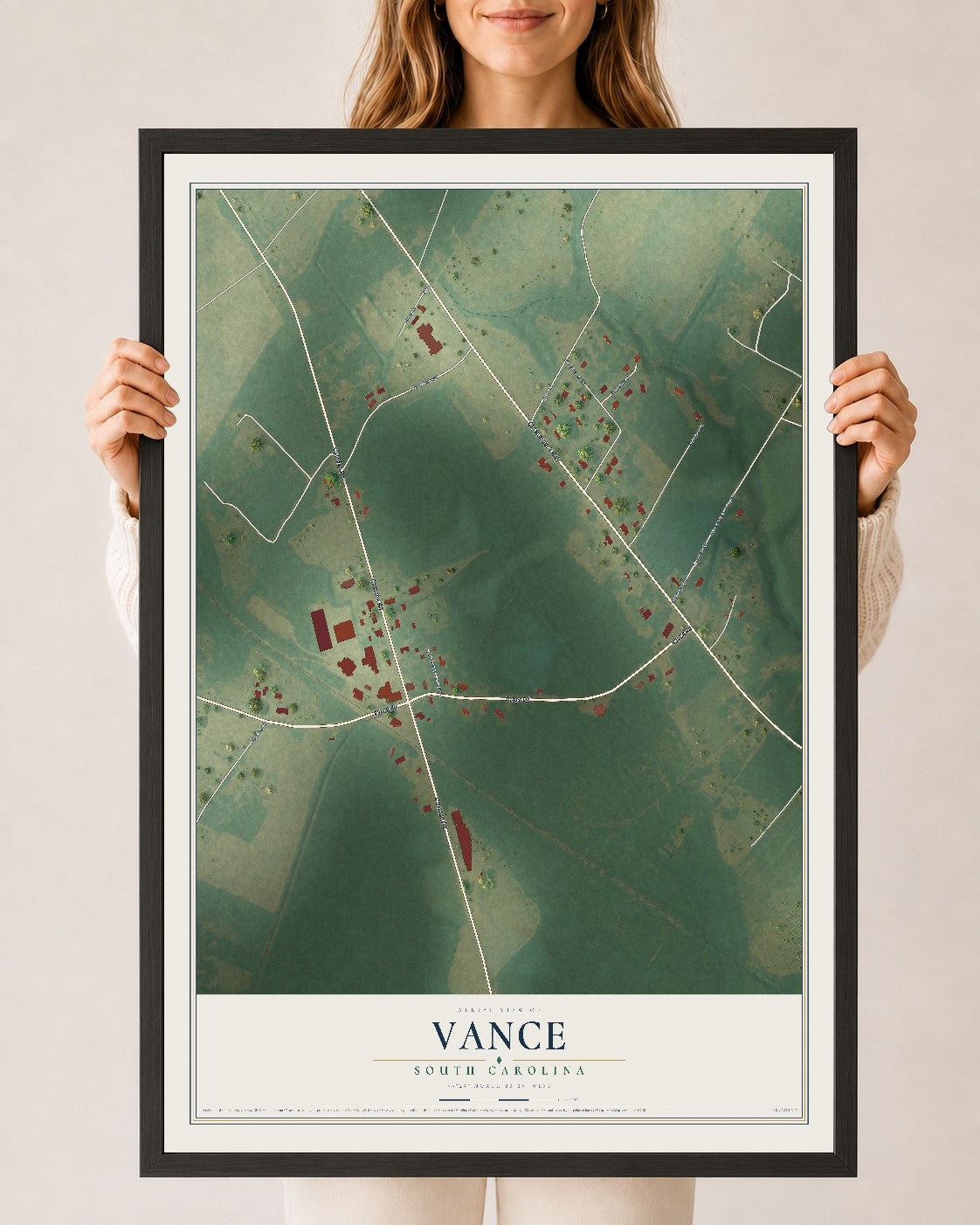 Map of Vance, South Carolina, 24 x 36 inch print in a black wood frame