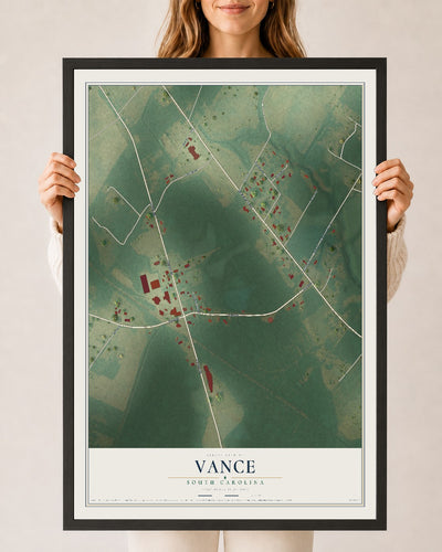 Map of Vance, South Carolina, 24 x 36 inch print in a black wood frame