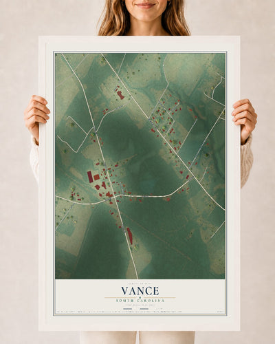 Map of Vance, South Carolina, 24 x 36 inch print in a white wood frame