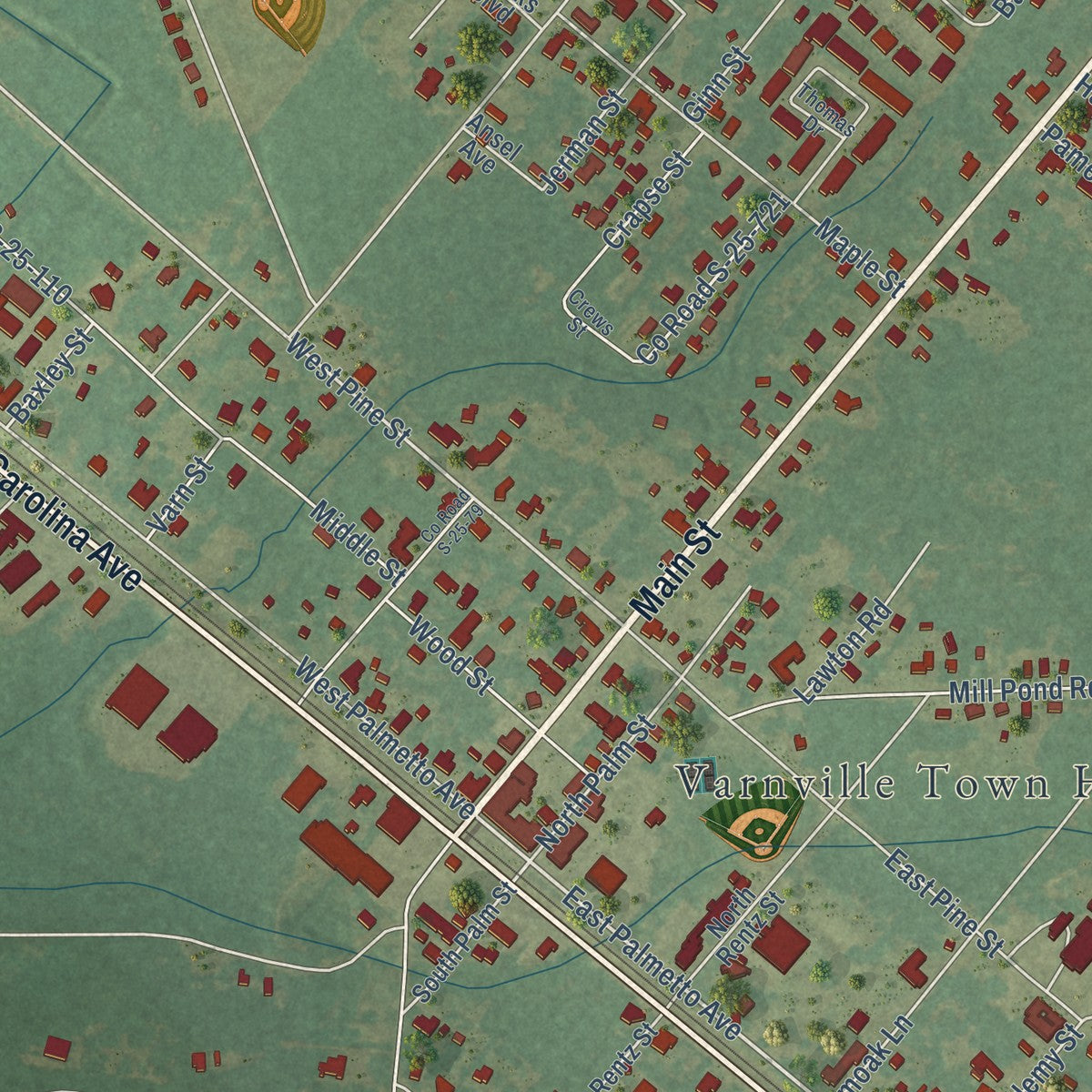 Close-up of the map of Varnville, South Carolina print showing street and building detail
