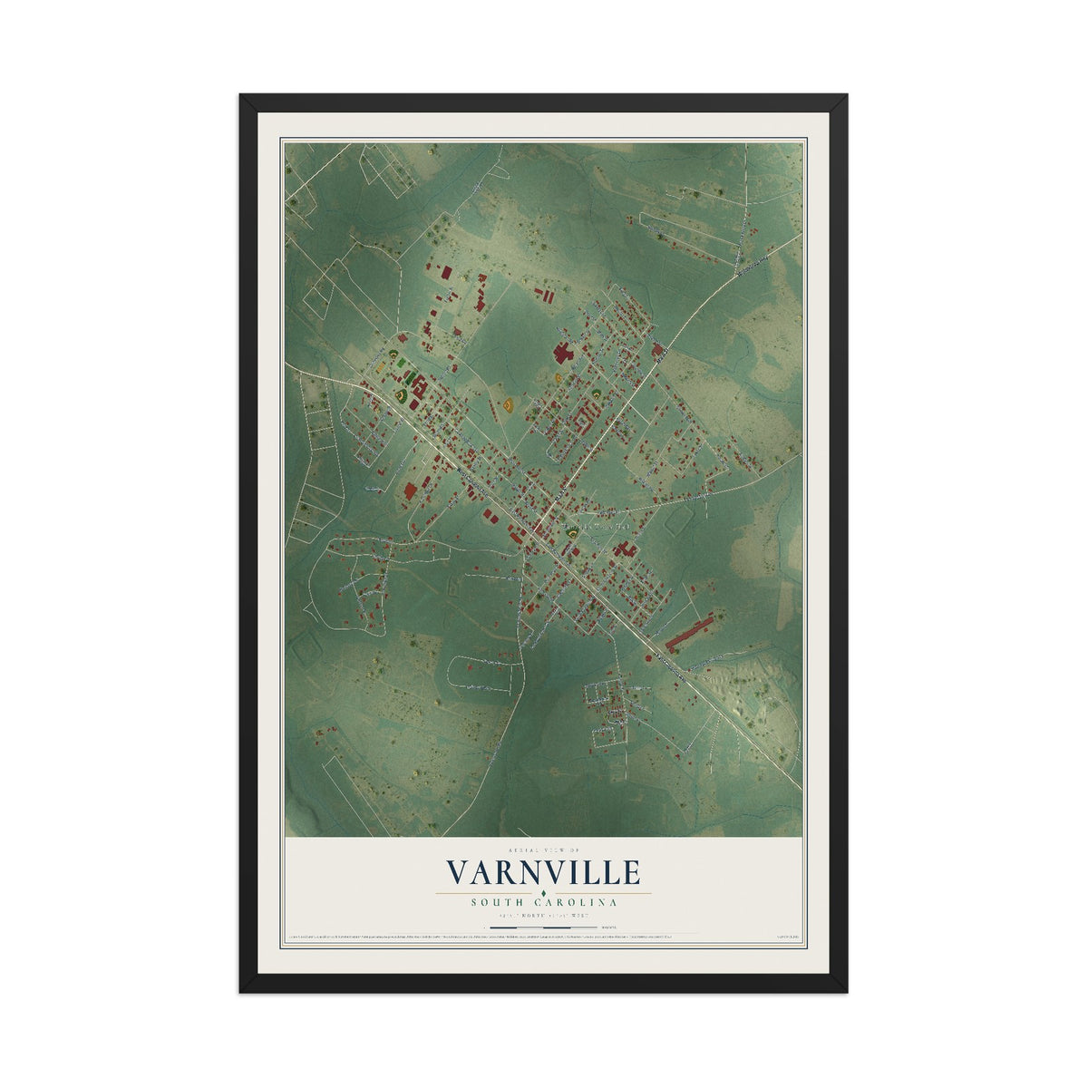 Map of Varnville, South Carolina, 12 x 18 inch print in a black wood frame