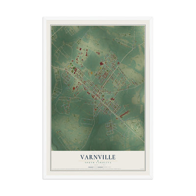 Map of Varnville, South Carolina, 12 x 18 inch print in a white wood frame