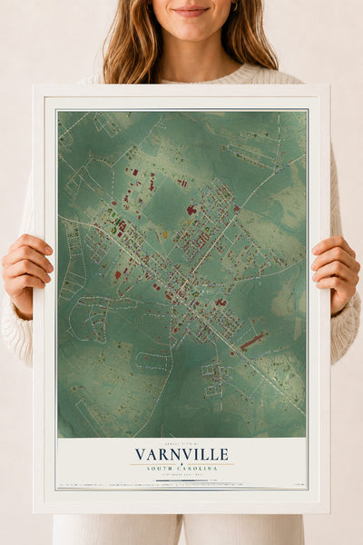 Map of Varnville, South Carolina, 18 x 24 inch print in a white wood frame