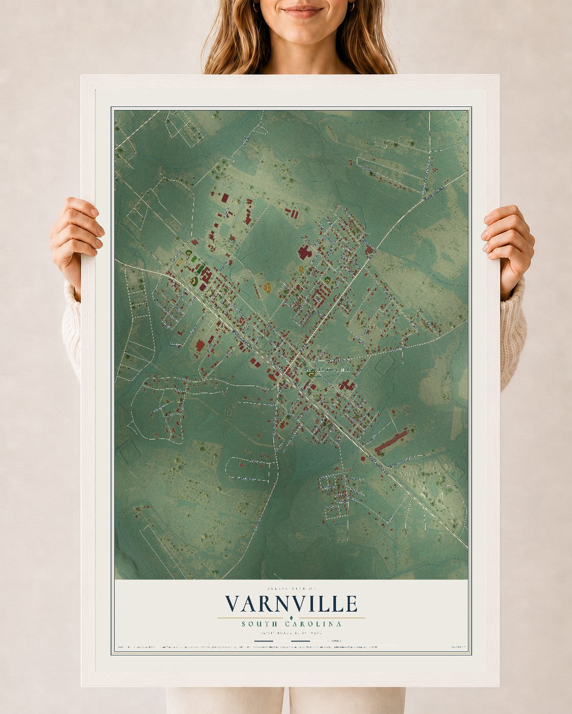 Map of Varnville, South Carolina, 24 x 36 inch print in a white wood frame