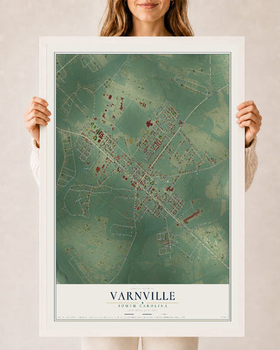 Map of Varnville, South Carolina, 24 x 36 inch print in a white wood frame