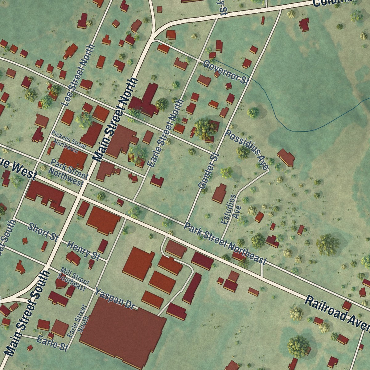 Close-up of the map of Wagener, South Carolina print showing street and building detail