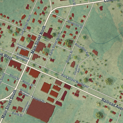 Close-up of the map of Wagener, South Carolina print showing street and building detail