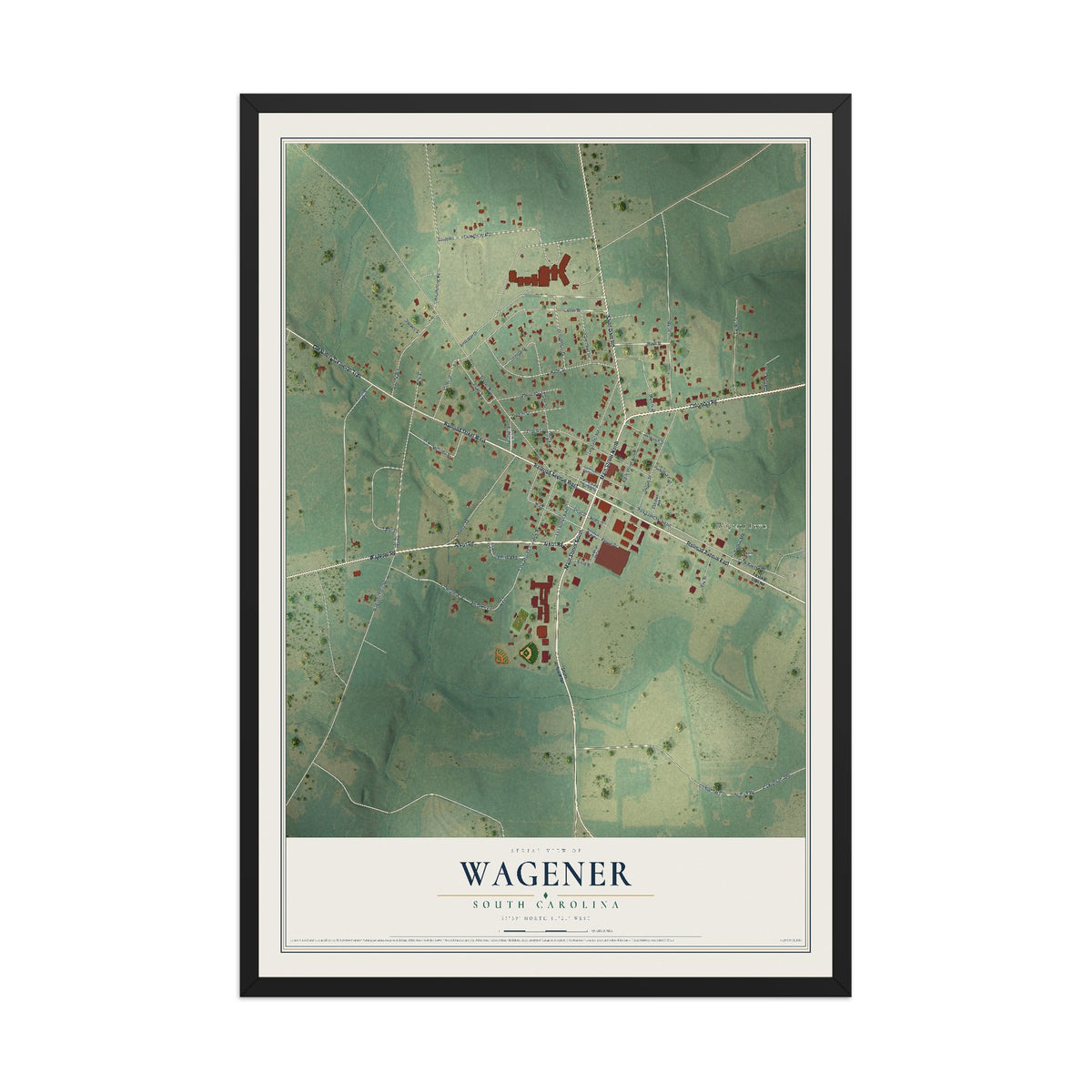 Map of Wagener, South Carolina, 12 x 18 inch print in a black wood frame