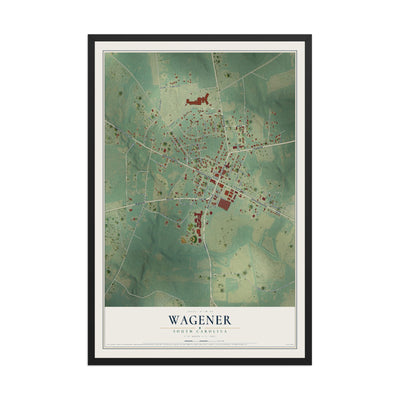 Map of Wagener, South Carolina, 12 x 18 inch print in a black wood frame